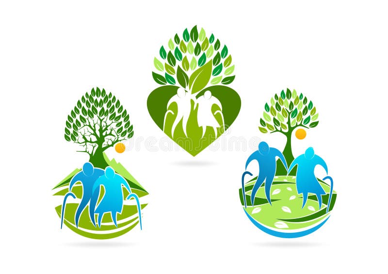 Ederly logo, högt symbol, sund omsorgsymbol och sjukvårdbegreppsdesign royaltyfri illustrationer