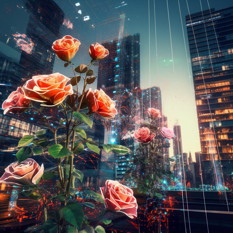 Edge computing conjuring roses from pixels, in a smart city\'s eternal spring stock illustration