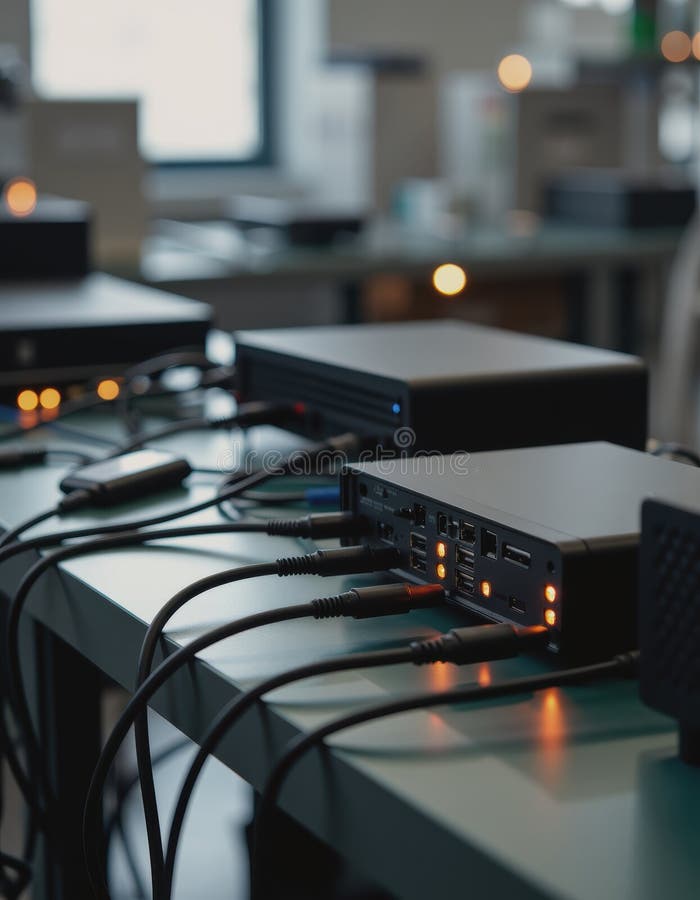 Edge computing devices processing data on a factory floor stock photo
