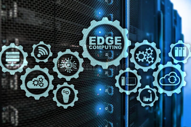 EDGE COMPUTING on modern server room background. Information technology and business concept for resource intensive stock illustration