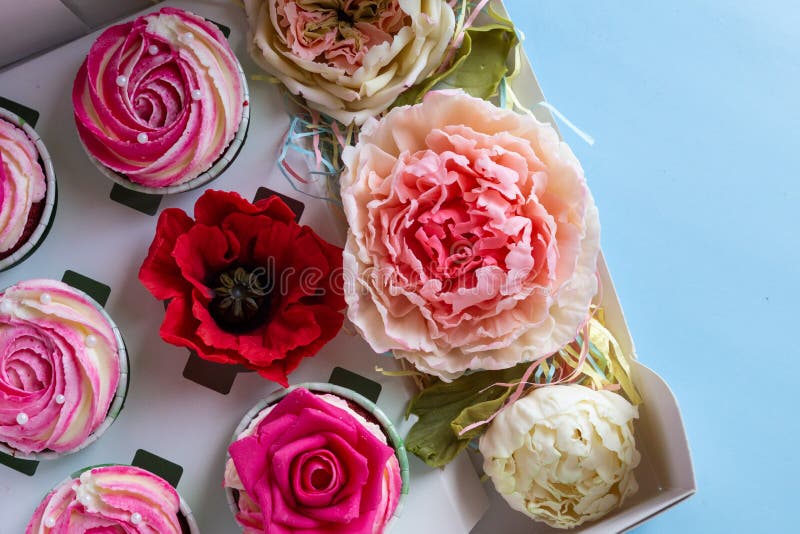 Edible Flowers Made from Chocolate. an Original Dessert in a Box. Stock