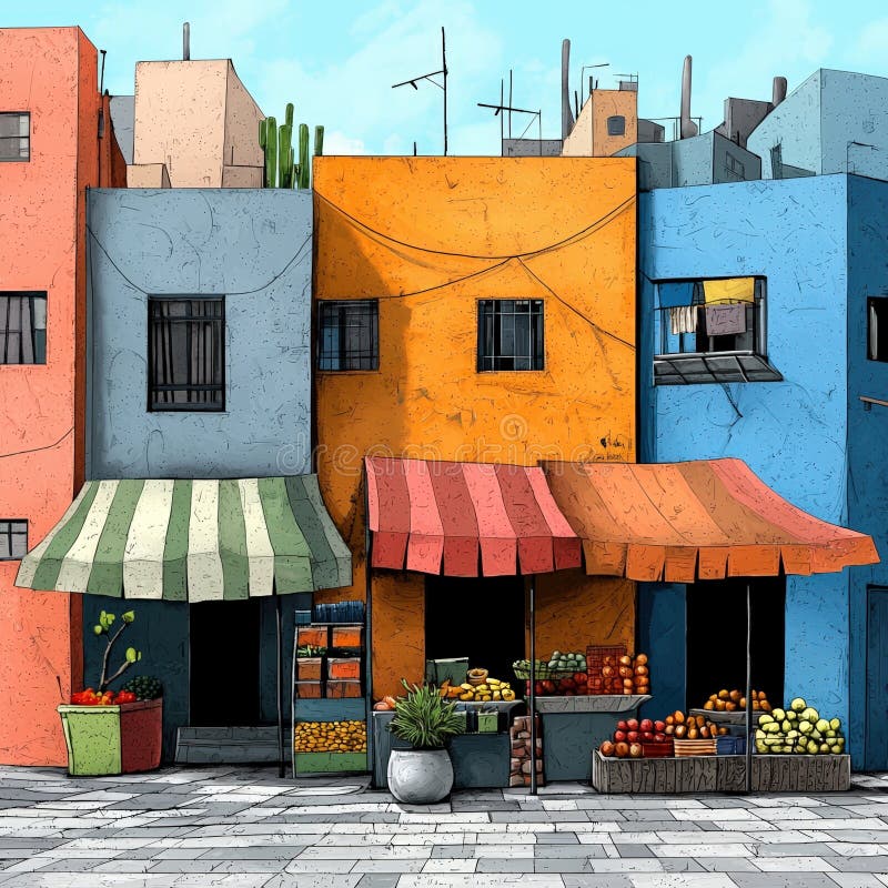 Edifici di mercato colorati con premi illustrazione di stock