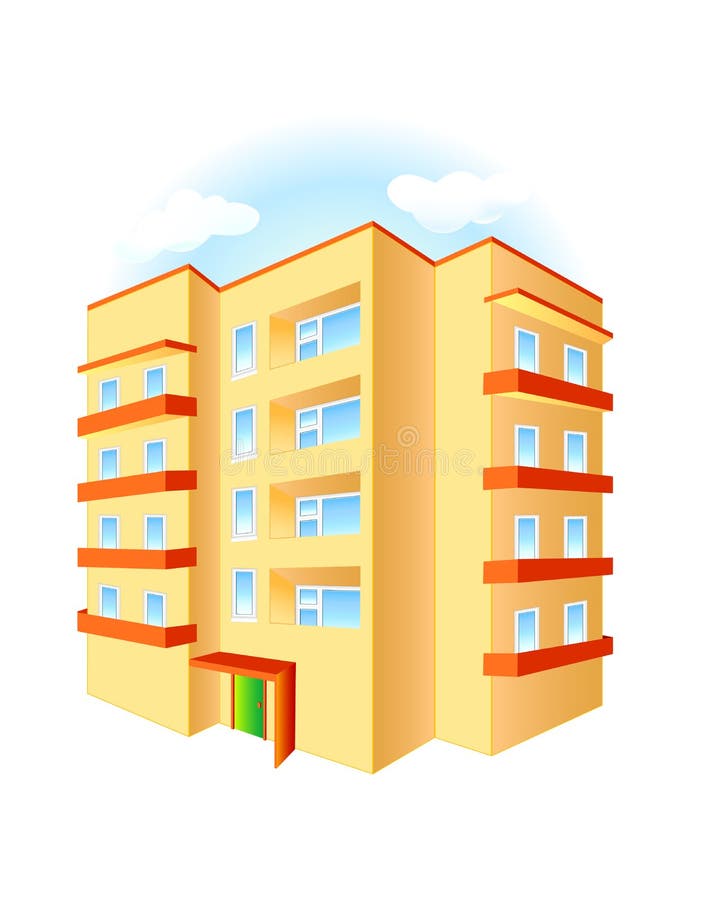 Nuevo edificio de varios pisos con balcones rojos sobre un cielo azul aislado sobre fondo blanco