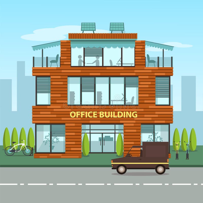 Modern office building in cartoon flat style. Interior and exterior, office inside and outside. Vector illustration with big city skyline and office building in front of it. Cutaway office building. Modern office building in cartoon flat style. Interior and exterior, office inside and outside. Vector illustration with big city skyline and office building in front of it. Cutaway office building