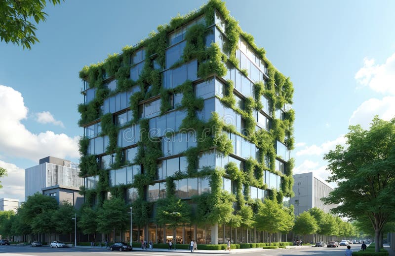 Edificio di uffici eco-compatibili coperto da piante verdi. Grattacieli di vetro moderni e sostenibili con vetri verdi. Eco illustrazione vettoriale