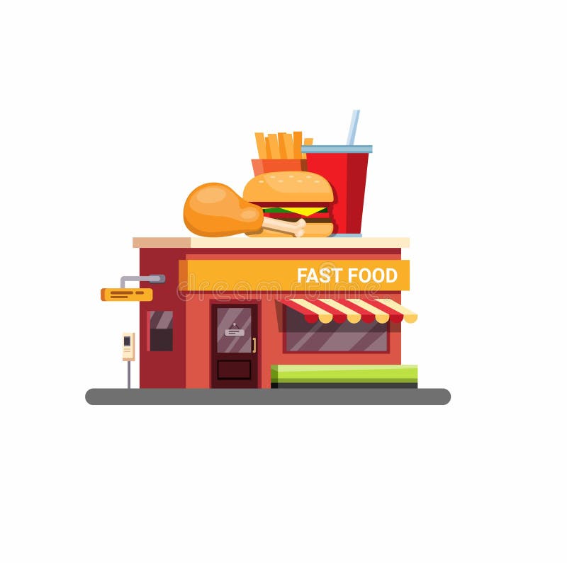 Edificio fast food con servizio di guida in stile piatto vettoriale isolato in fondo bianco royalty illustrazione gratis