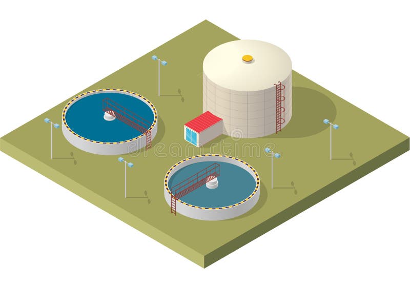 Edificio isométrico infographic, purificador grande del tratamiento de aguas de la bacteria en el fondo blanco libre illustration Edificio isométrico infographic, purificador grande del tratamiento de aguas de la bacteria en el fondo blanco libre illustration