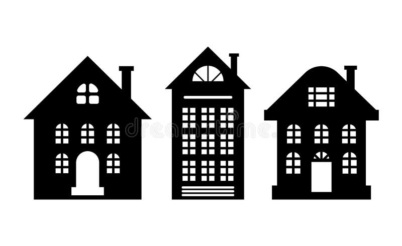 Edificio multi del piso de la silueta monocromática de las casas stock de ilustración Edificio multi del piso de la silueta monocromática de las casas stock de ilustración