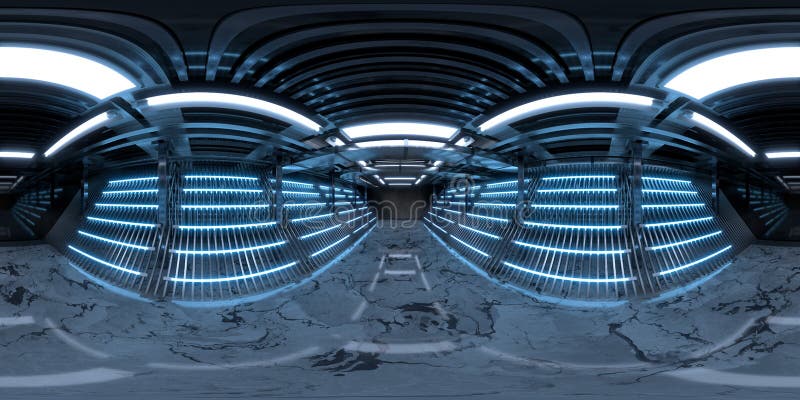 Edificio oscuro con iluminación de neón 3d representando una vista panorámica de 360º sin inconvenientes stock de ilustración