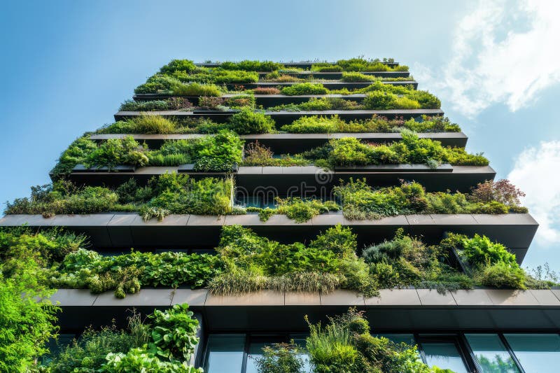 Edificio urbano frente a jardín verde vertical. La arquitectura moderna integra los jardines verticales con una vegetación exuberante que sube al edificio, simbolizando la sostenibilidad y el diseño ecológico. generado por IA