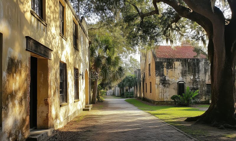 Edificios históricos a lo largo de un sendero sereno en un exuberante paisaje verde con árboles de mosca imagen de archivo