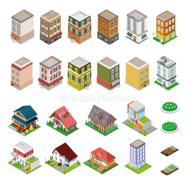 Edificios isométricos de la ciudad fijados Casas modernas con las flores stock de ilustración Edificios isométricos de la ciudad fijados Casas modernas con las flores stock de ilustración