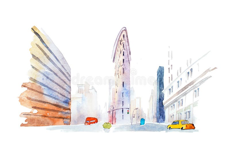 Edificios modernos en el ejemplo urbano de la acuarela de la opinión de ángulo bajo de la ciudad ilustración del vector Edificios modernos en el ejemplo urbano de la acuarela de la opinión de ángulo bajo de la ciudad ilustración del vector