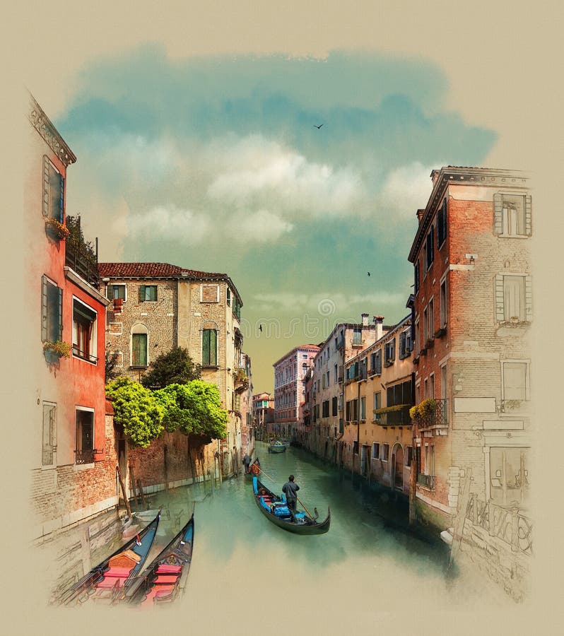 Edificios viejos a lo largo de los canales, gondolero en Venecia, Italia Bosquejo de la acuarela, ejemplo