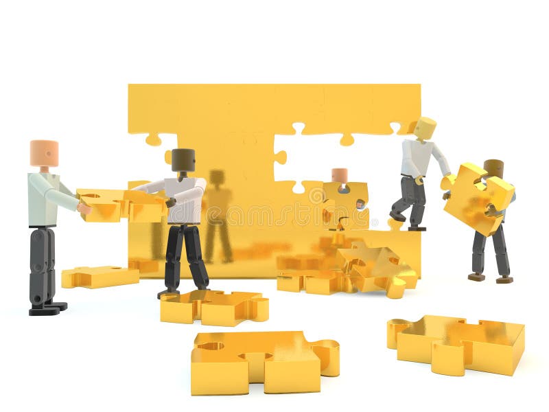 Illustration of mannequins working together to construct a gold wall using jigsaw pieces: metaphor for building a business team. Illustration of mannequins working together to construct a gold wall using jigsaw pieces: metaphor for building a business team.