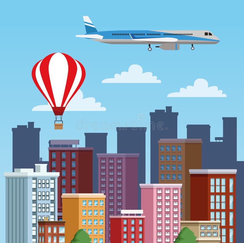 Edifícios de paisagem urbana com cena de transporte aéreo. Edifícios de paisagem urbana com desenho do vetor de cena do transporte aéreo