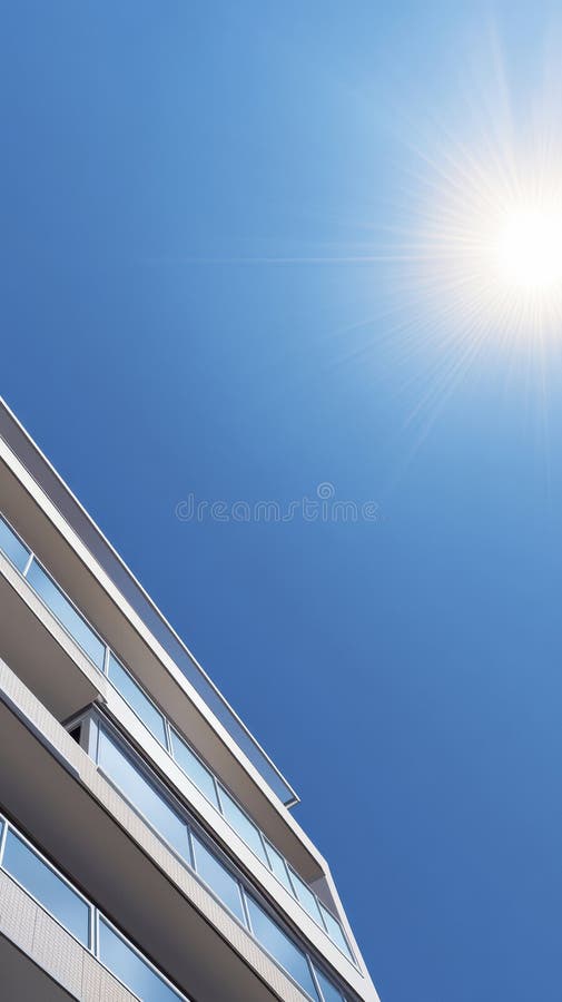 Edifícios urbanos altos sob uma luz solar deslumbrante do céu azul que abrem janelas com o calor do verão irradiando ilustração do vetor