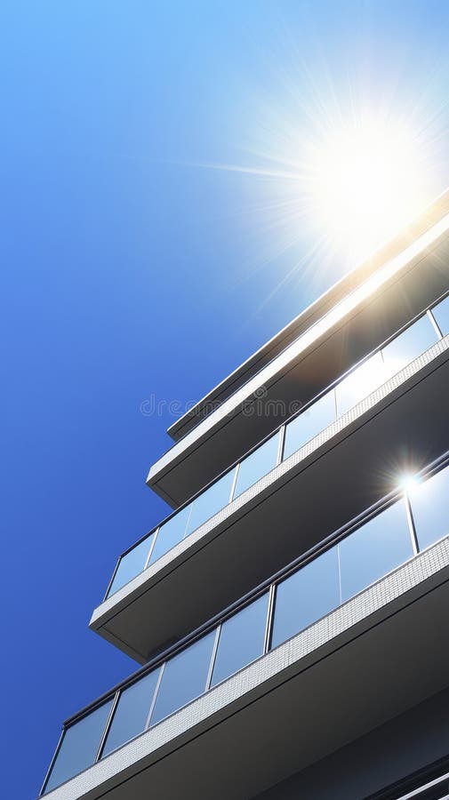 Edifícios urbanos altos sob uma luz solar deslumbrante do céu azul que abrem janelas com o calor do verão irradiando ilustração do vetor