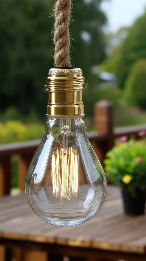 Edison Style Bulb with Rope Hanging from Wood Table on Outdoor Deck stock images