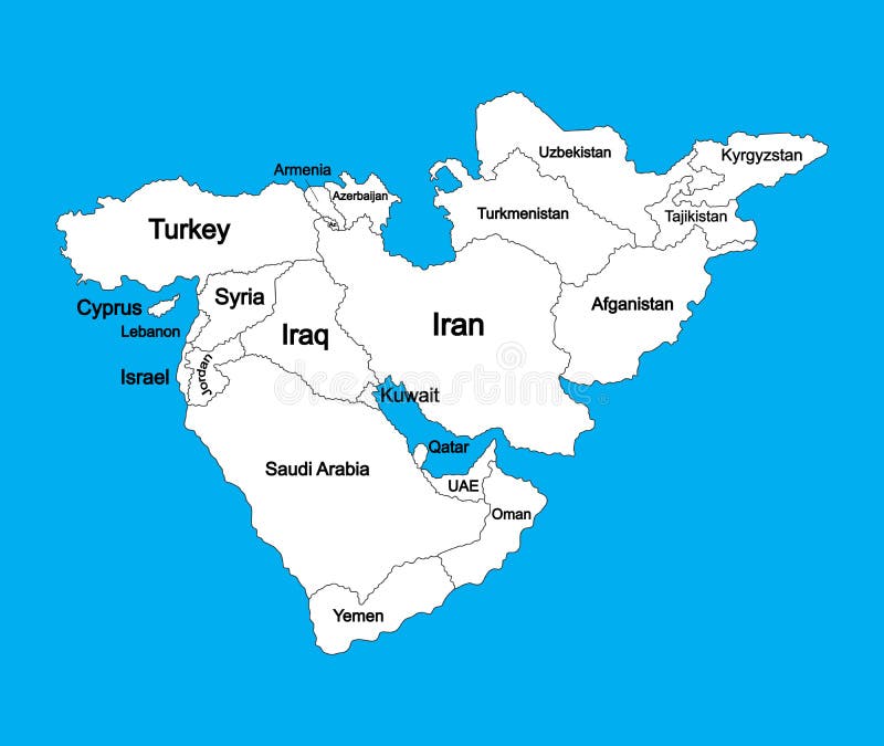 Editable blank vector map of Middle East, isolated on background.