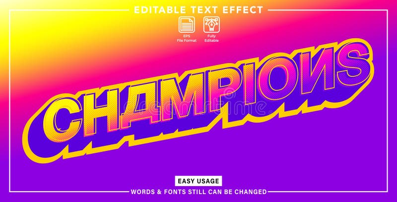 Editable graphic text effect champion styles stock illustration