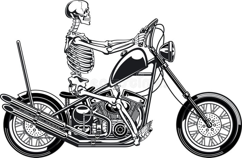 Human skeleton riding chopper motorcycle. 