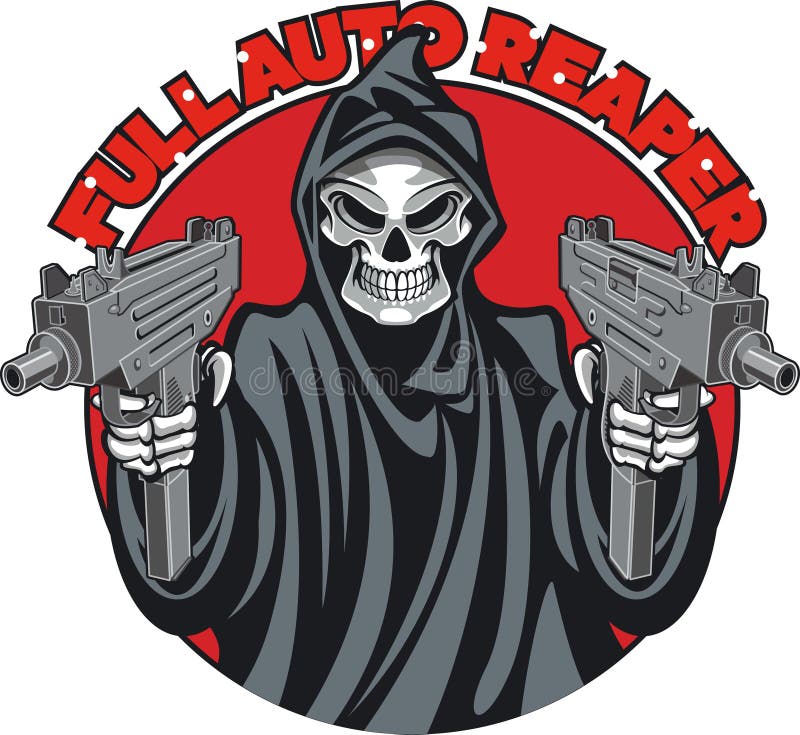 Skeleton grim reaper holding machine pistols royalty free illustration.