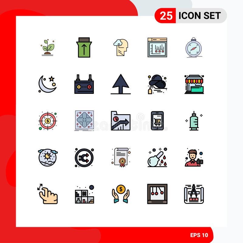 Modern Set of 25 Filled line Flat Colors and symbols such as navigation, compass, gain, static, internet stock illustration