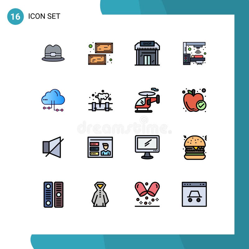 Editable Vector Line Pack of 16 Simple Flat Color Filled Lines of share, scanner, business, radiation, machine royalty free illustration