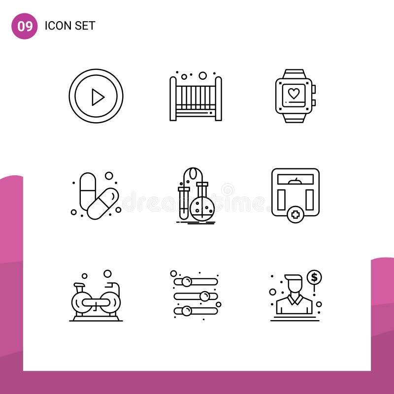 Editable Vector Line Pack of 9 Simple Outlines of flask, testing, heart, pills, health vector illustration
