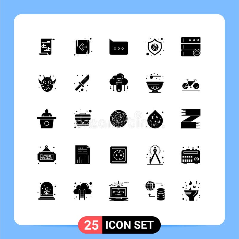 Editable Vector Line Pack of 25 Simple Solid Glyphs of angry, database, chat, cloud, shield vector illustration