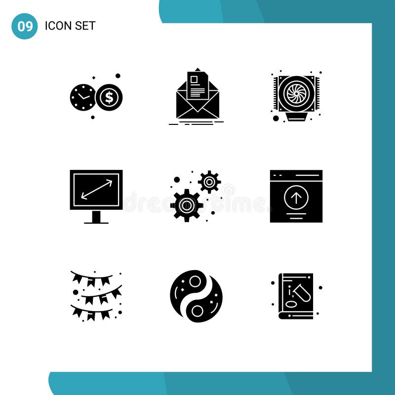 Editable Vector Line Pack of 9 Simple Solid Glyphs of communication, gears, computer, development, display stock illustration