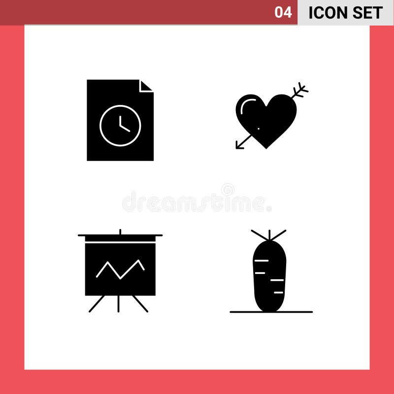 Editable Vector Line Pack of 4 Simple Solid Glyphs of document, graph, heart, love, carrot stock illustration