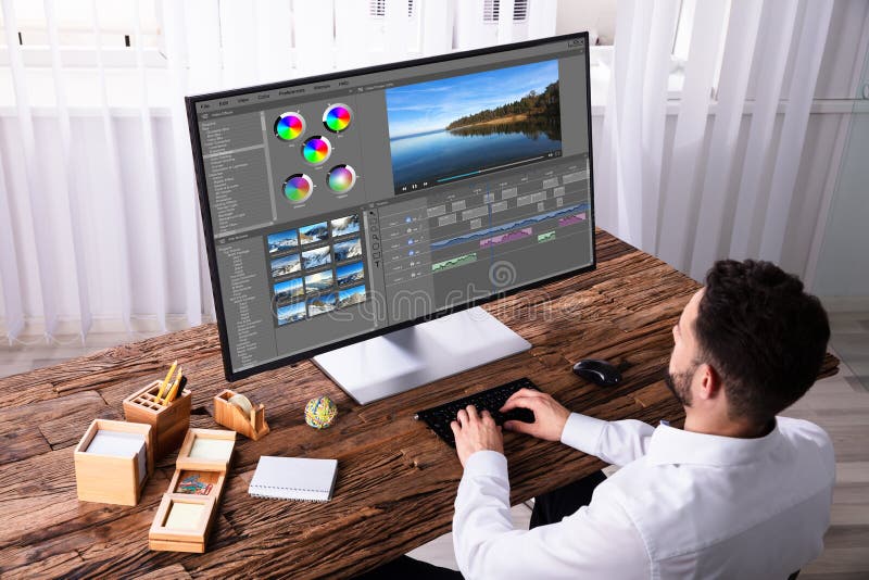 Editor Editing Video on Computer Stock Photo Image of retouching