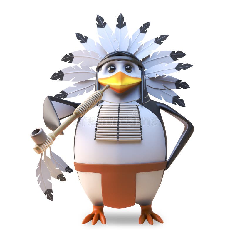 Noble native American Indian chief penguin smoking the peace pipe in traditional ceremony, 3d illustration render. Noble native American Indian chief penguin smoking the peace pipe in traditional ceremony, 3d illustration render