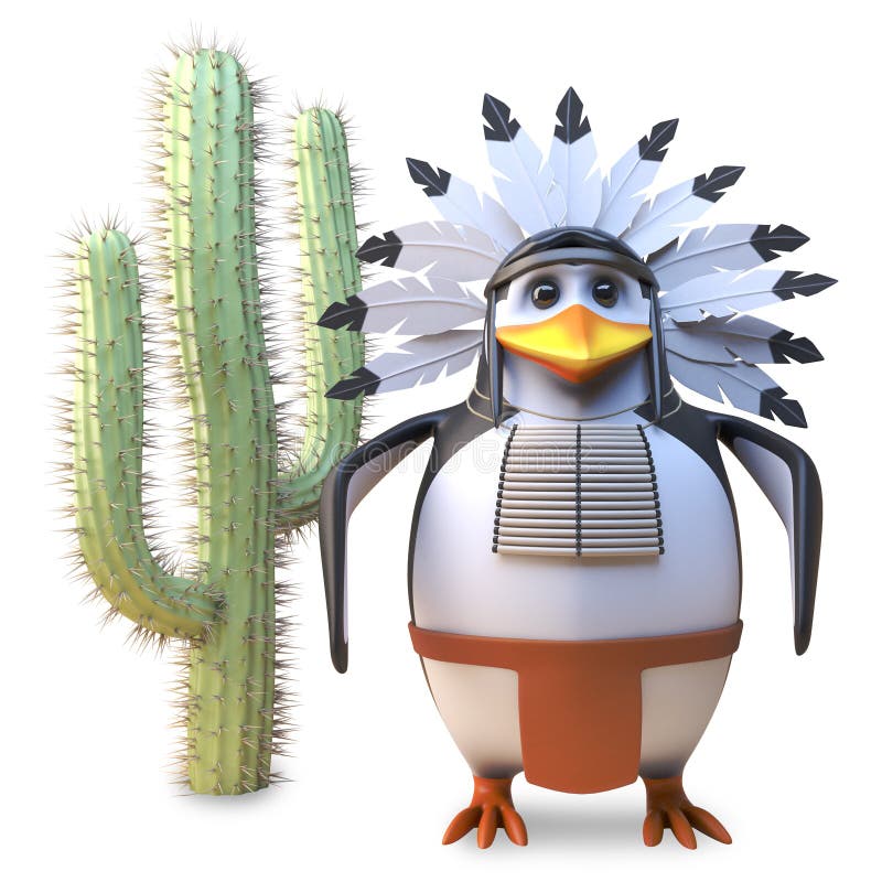 Noble native American Indian chief penguin stands peacefully by a cactus, 3d illustration render. Noble native American Indian chief penguin stands peacefully by a cactus, 3d illustration render