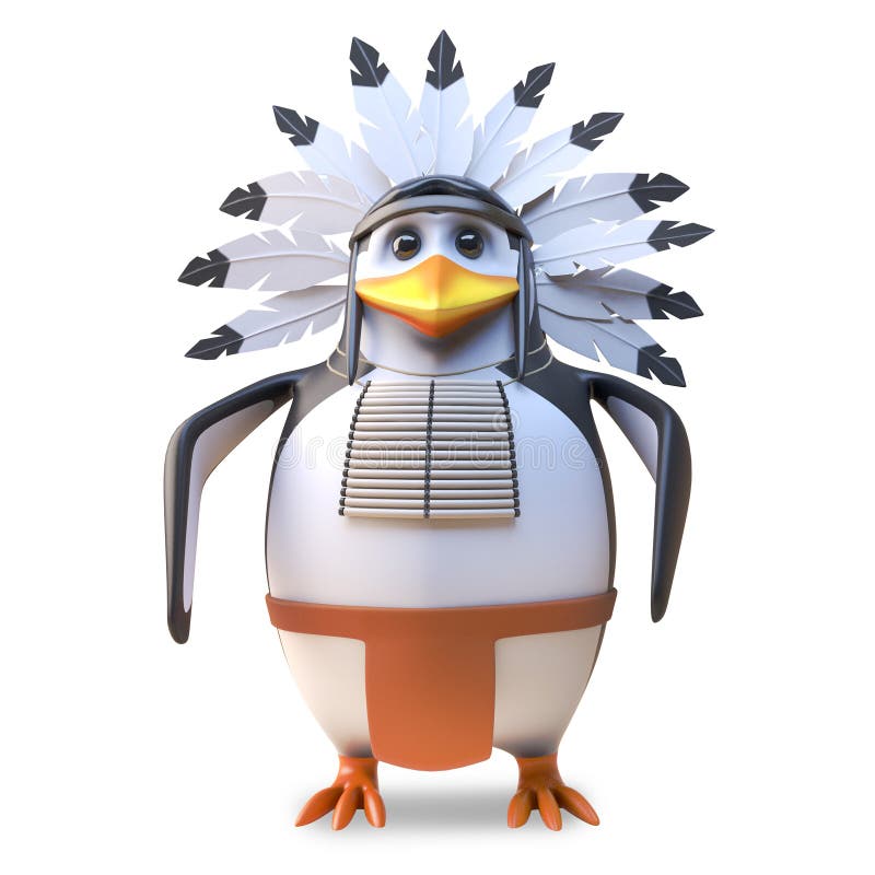 Noble native American Indian chief penguin stands resolute, 3d illustration render. Noble native American Indian chief penguin stands resolute, 3d illustration render