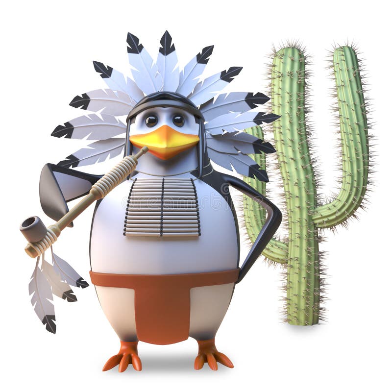 Noble native American Indian penguin chief smokes his peace pipe peacefully by a cactus, 3d illustration render. Noble native American Indian penguin chief smokes his peace pipe peacefully by a cactus, 3d illustration render