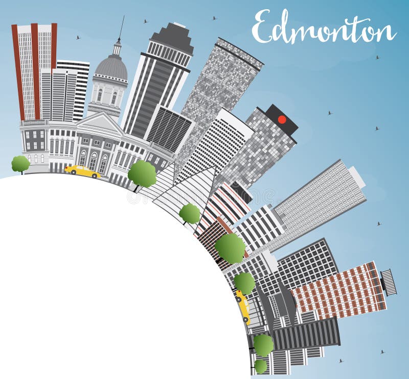 Edmonton Skyline with Gray Buildings, Blue Sky and Copy Space.