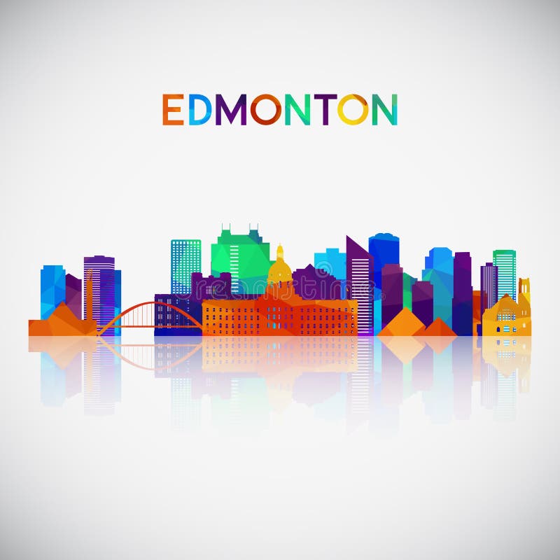 Edmonton skyline silhouette in colorful geometric style.