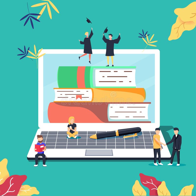 Educación, cursos de aprendizaje en línea, ejemplo del vector de la educación a distancia Studyin de Internet stock de ilustración Educación, cursos de aprendizaje en línea, ejemplo del vector de la educación a distancia Studyin de Internet stock de ilustración