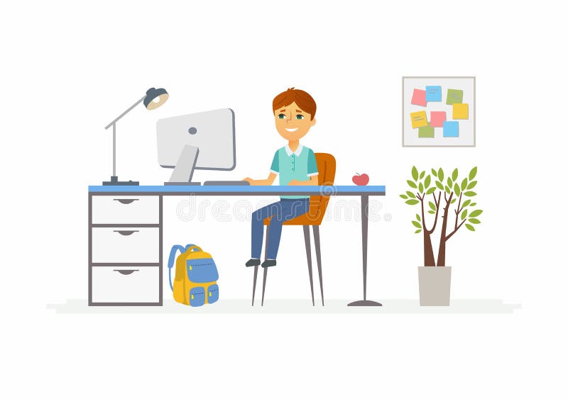 Educación en línea - ejemplo del ordenador del estudiante del escolar en casa ilustración del vector Educación en línea - ejemplo del ordenador del estudiante del escolar en casa ilustración del vector