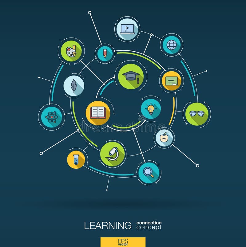 Educación y fondo abstractos del aprendizaje Digitaces conectan el sistema con los círculos integrados, iconos planos del color V stock de ilustración Educación y fondo abstractos del aprendizaje Digitaces conectan el sistema con los círculos integrados, iconos planos del color V stock de ilustración