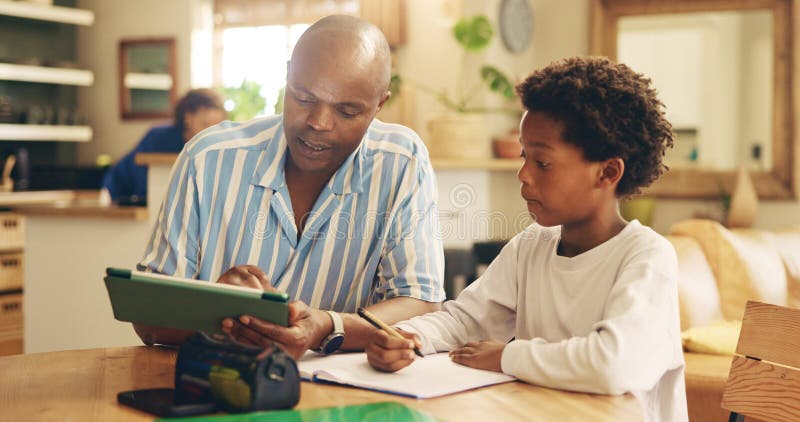 Education, child and man with tablet, help and teaching of son with app, growth and development of boy. Bonding royalty free stock photos