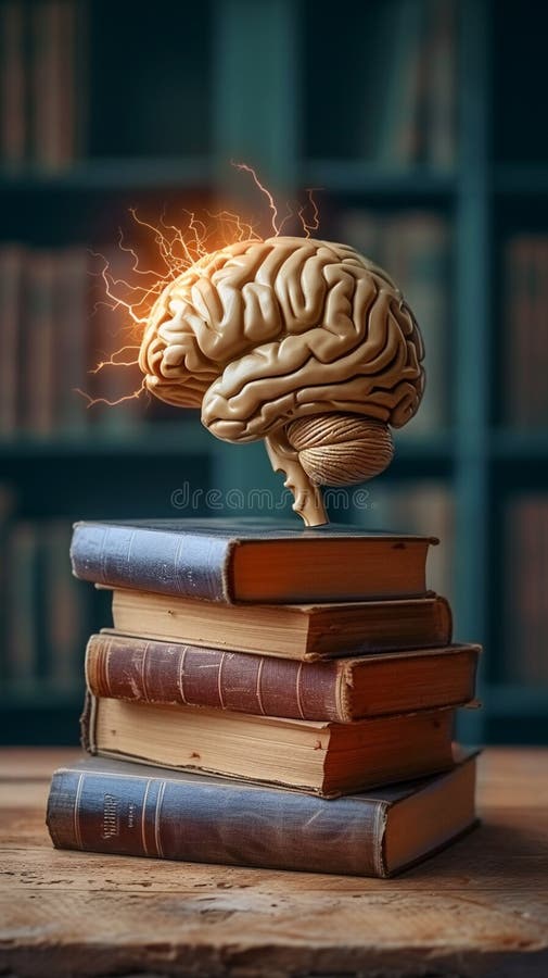 Stivă de concepte educaționale cu ilustrare cerebrală. Stivă de concepții educaționale pentru cărți cu ilustrarea creierului, tapet mobil vertical