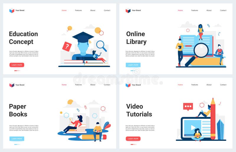 Education digital technology, library, online course modern concept landing page set stock illustration