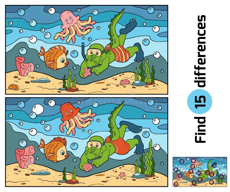 Education game: find differences (crocodile diver, ocean floor) royalty free illustration Education game: find differences (crocodile diver, ocean floor) royalty free illustration