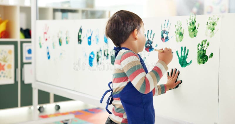 Education, kid and student in classroom, painting and creative lesson with artwork project, canvas or fun activity vector illustration