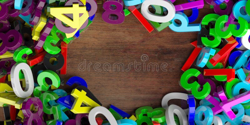Education, maths, calculation concept. Colorful figures numbers on wooden background, copy space, banner. 3d illustration stock illustration Education, maths, calculation concept. Colorful figures numbers on wooden background, copy space, banner. 3d illustration stock illustration