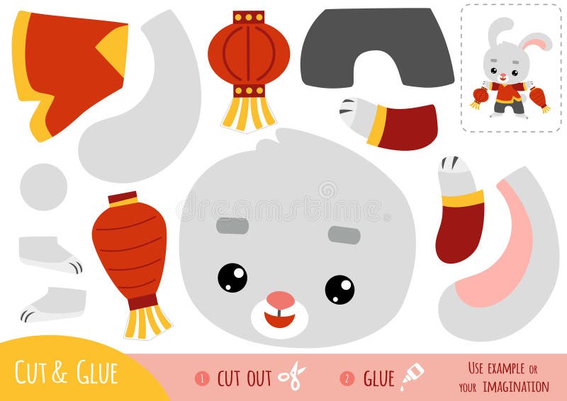 Education paper game for kids, Chinese new year character rabbit and lanterns stock illustration